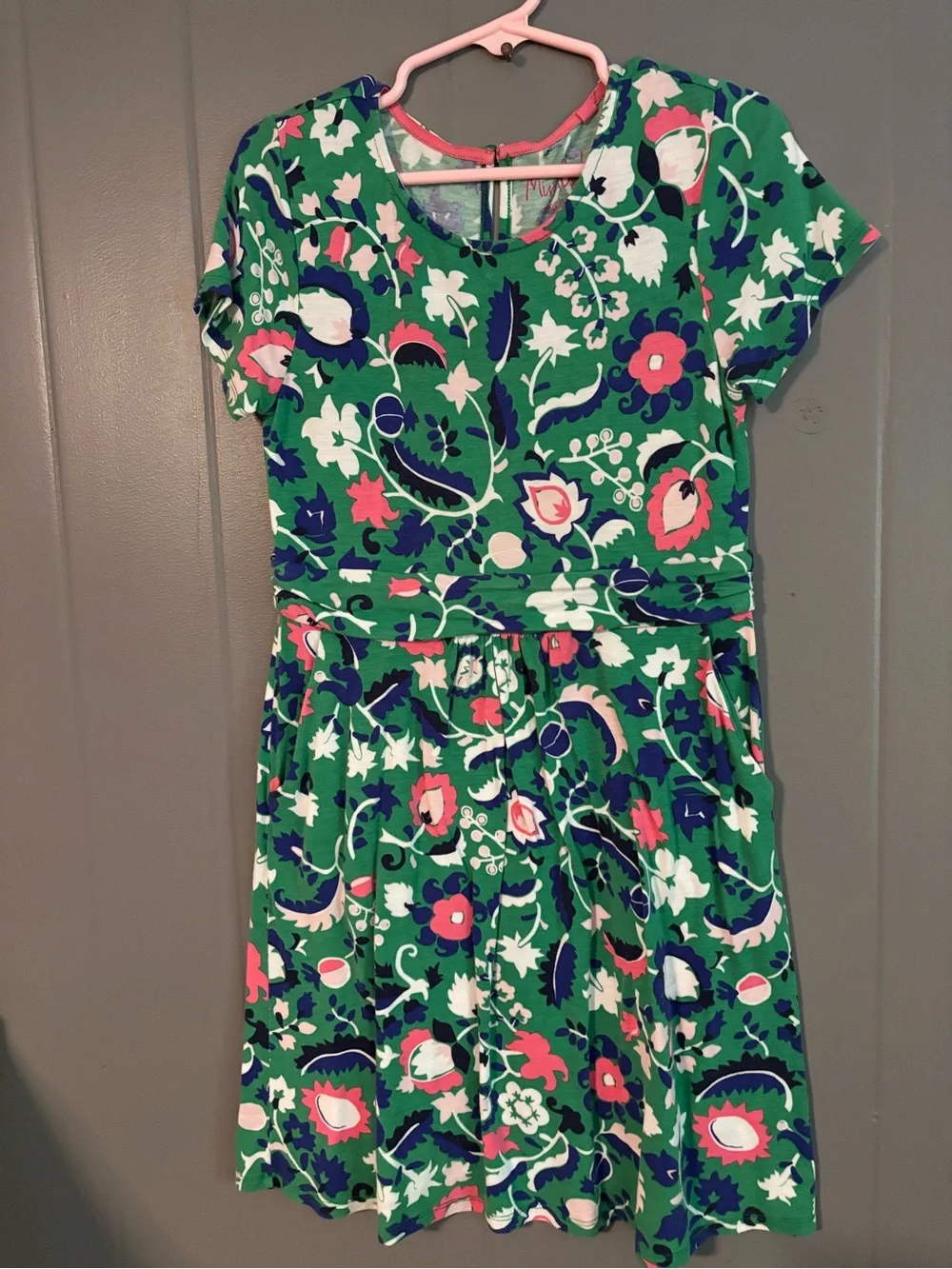 Mini Boden Green Floral Short Sleeve Cotton Dress with Pink & Navy Accents